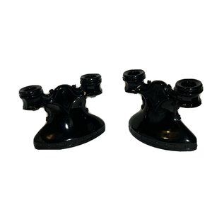 Vintage Pair of L.E. Smith Black Amethyst Glass Double Tapered Candle Holders.